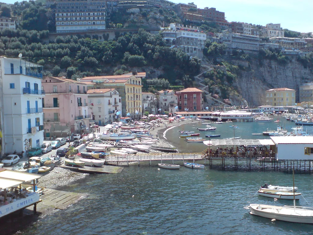 A lively piazza in Sorrento, Italy on the Amalfi Coast with cafes and pedestrians