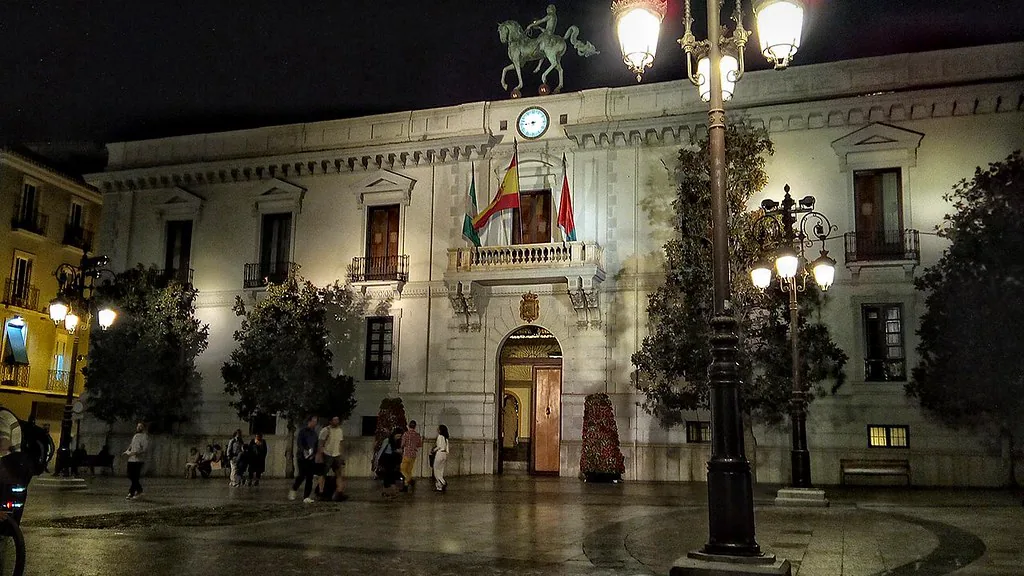 Plaza Santa Ana in Granada with cafe terraces in summer