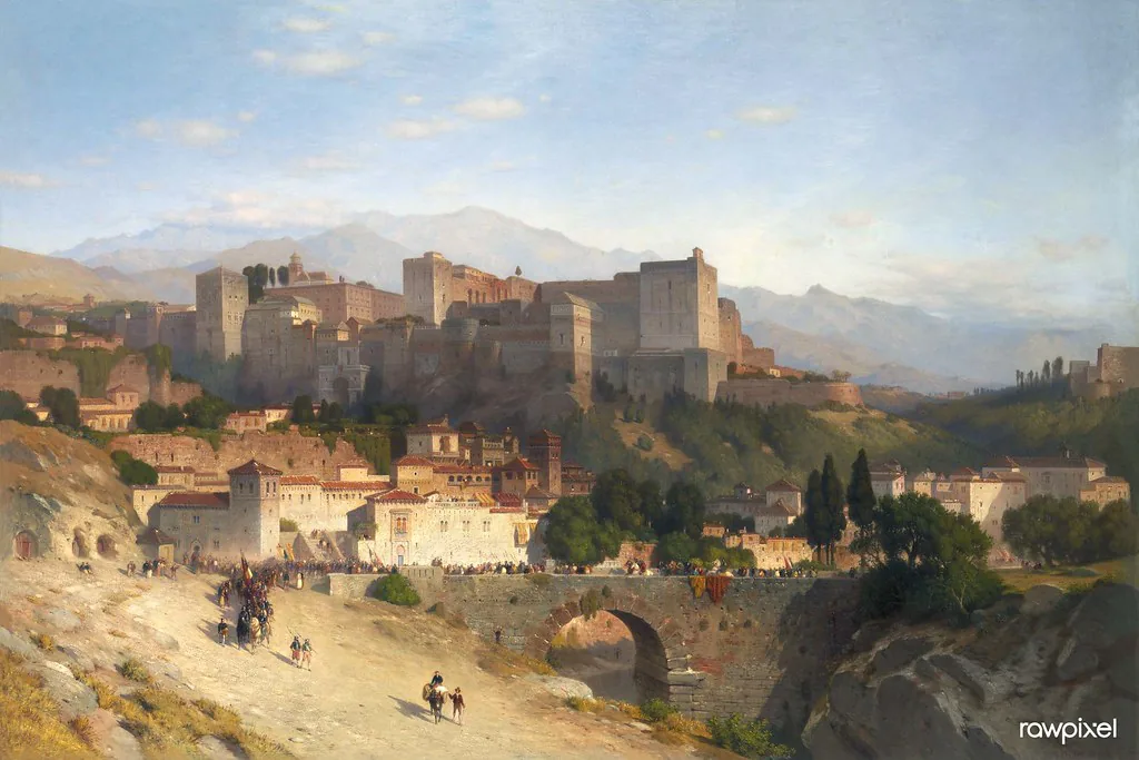 Granada in spring with Alhambra architecture detail
