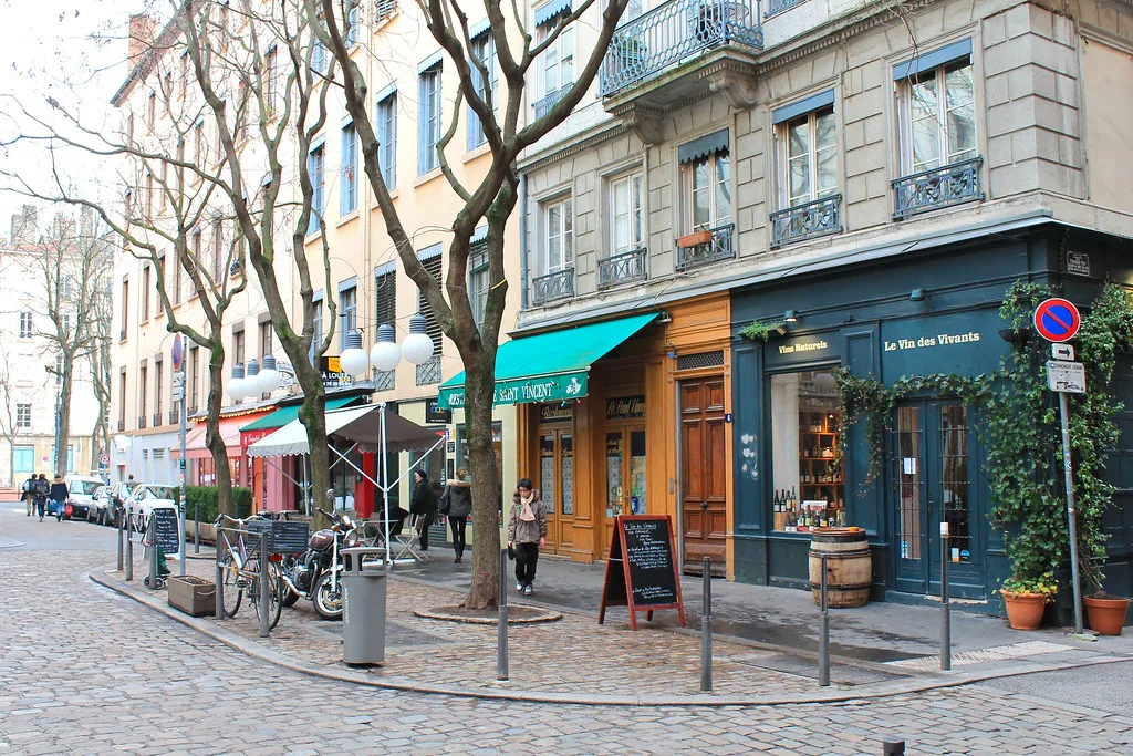 Cobbled street in the Ainay quarter of Lyon, France in spring