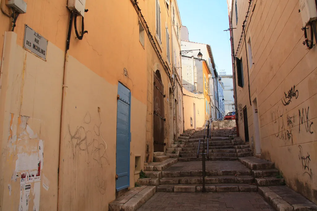 Marseille harbor and old town in spring under a clear sky