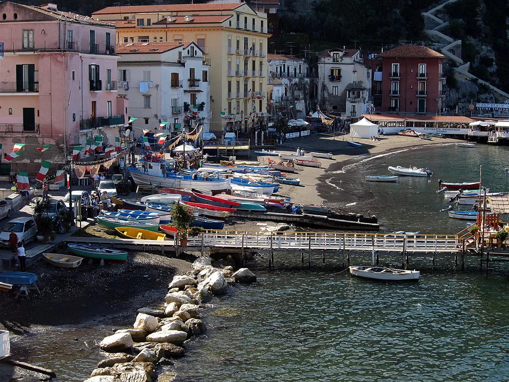 Sorrento waterfront and Bay of Naples viewed on a warm summer day, ideal for beach-club and boat outfits