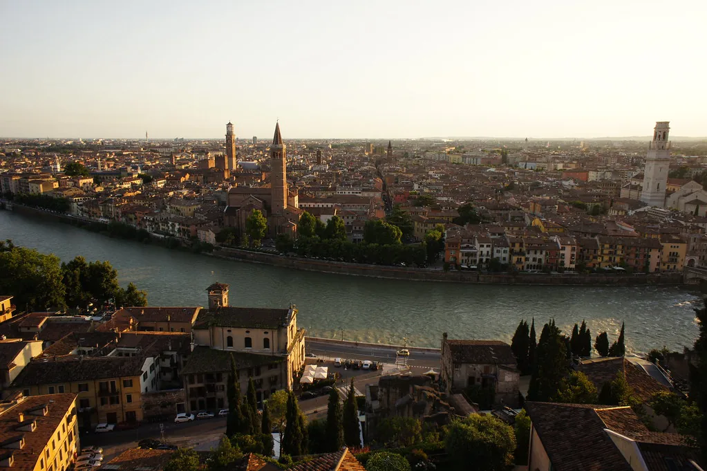 Historic old-town rooftops and lanes of Verona, Italy under summer sun